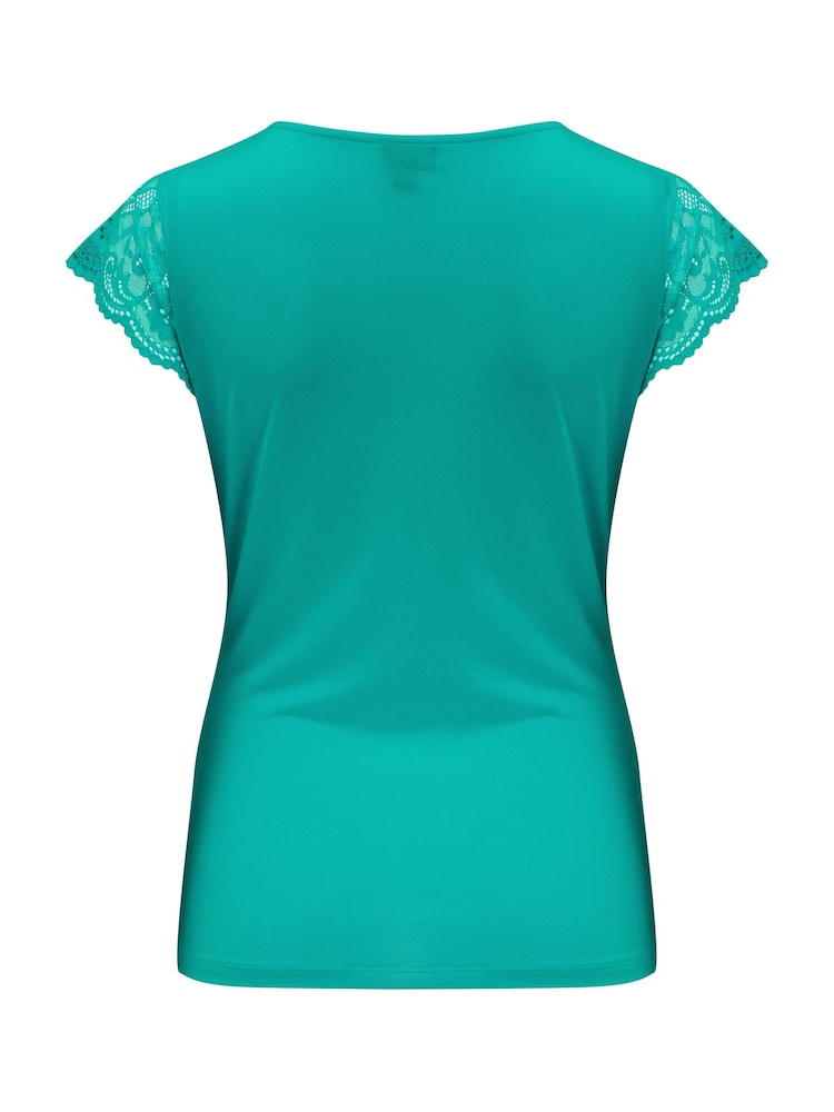 Pour Moi Turquoise Blue Julie Fuller Bust Slinky Jersey Lace Trim Wrap Top - Image 4 of 4