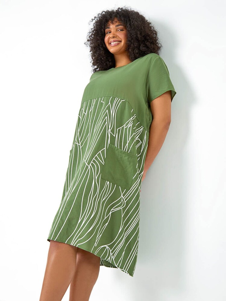 Roman Green Contrast Print Pocket T-Shirt Dress - Image 1 of 5