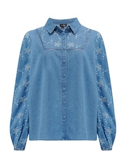 Pour Moi Blue Bonnie Fuller Bust Chambray Broderie Long Sleeve Shirt - Image 3 of 4