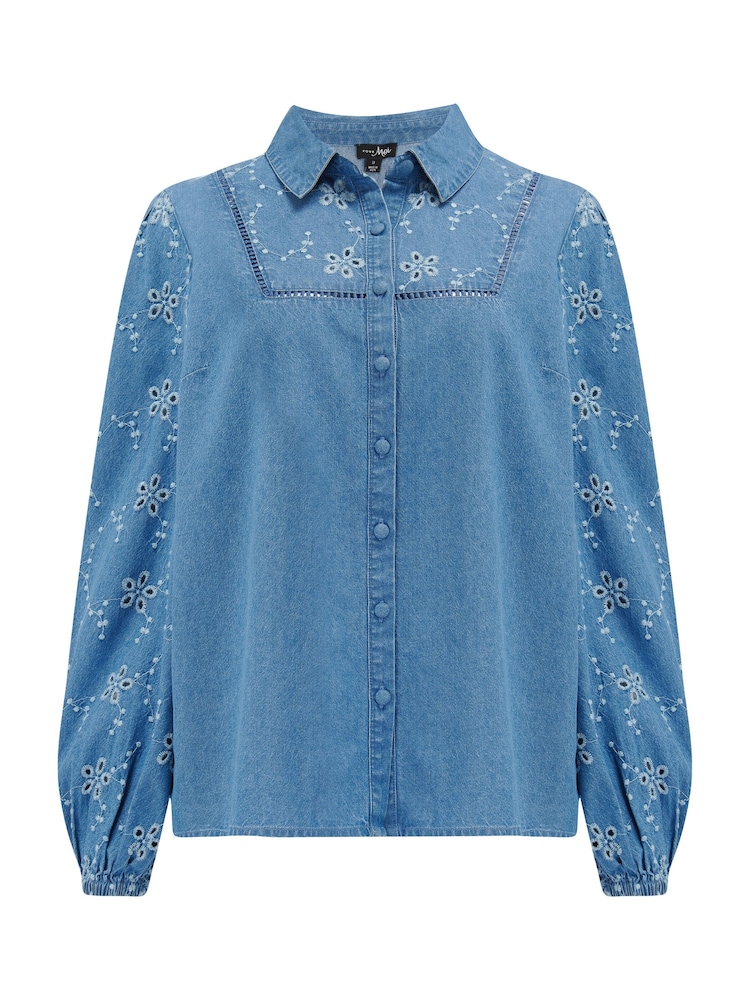 Pour Moi Blue Bonnie Fuller Bust Chambray Broderie Long Sleeve Shirt - Image 3 of 4