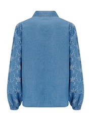 Pour Moi Blue Bonnie Fuller Bust Chambray Broderie Long Sleeve Shirt - Image 4 of 4