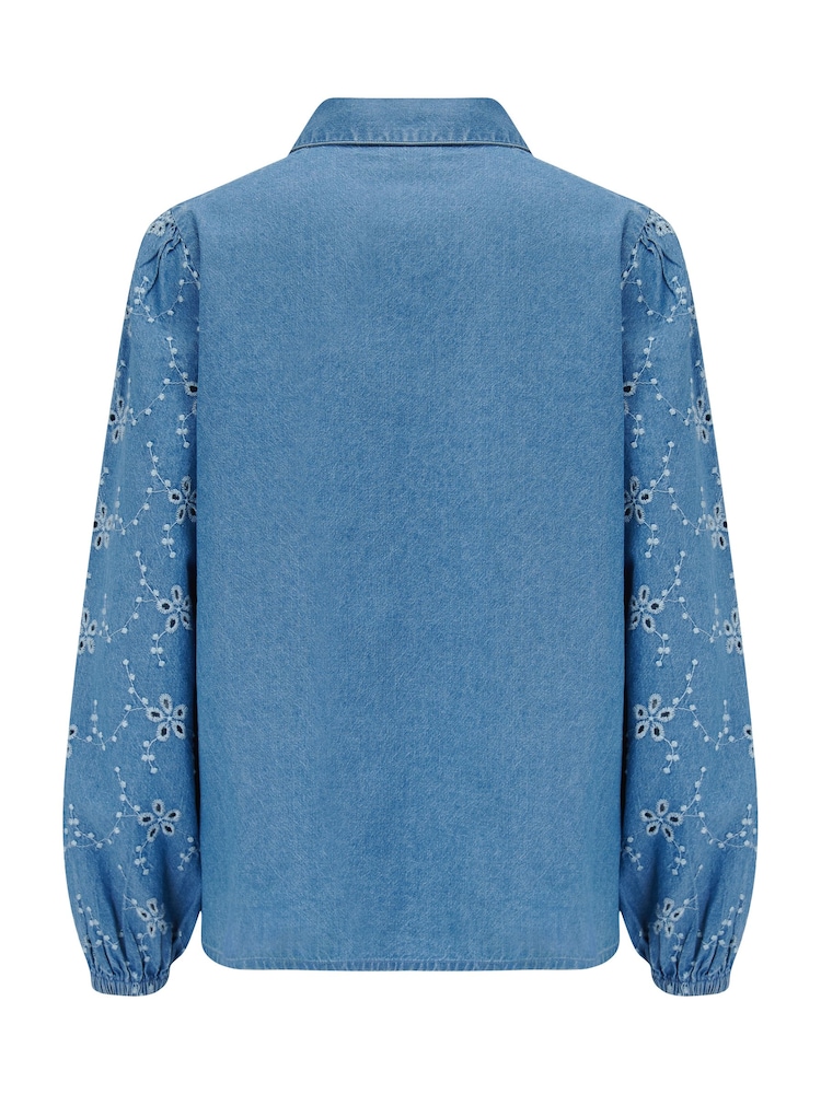 Pour Moi Blue Bonnie Fuller Bust Chambray Broderie Long Sleeve Shirt - Image 4 of 4