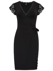 Pour Moi Black Julianne Lace Trim Slinky Jersey Wrap Dress - Image 3 of 4