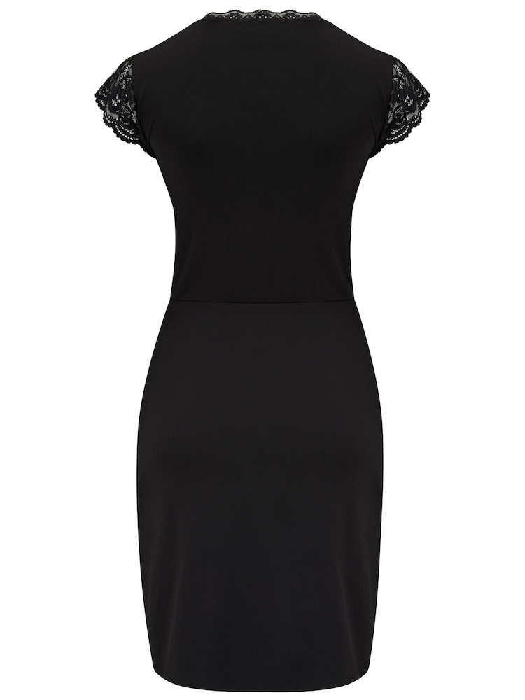 Pour Moi Black Julianne Lace Trim Slinky Jersey Wrap Dress - Image 4 of 4
