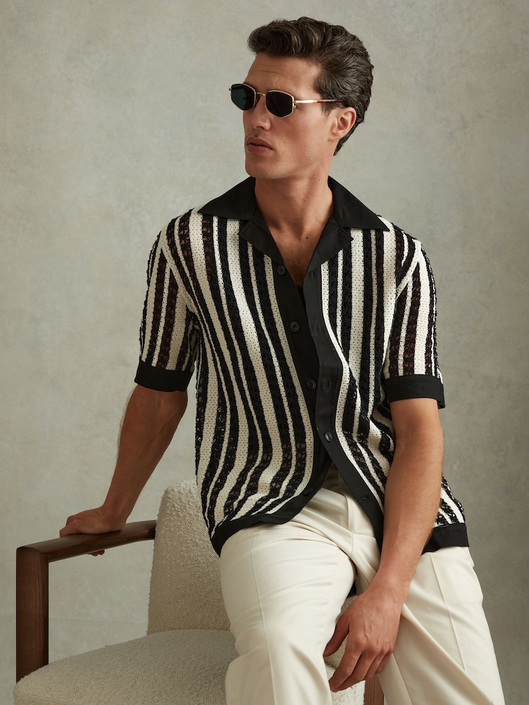 Reiss Black/Ecru Romy Crochet Cuban Collar Shirt - Image 1 of 5
