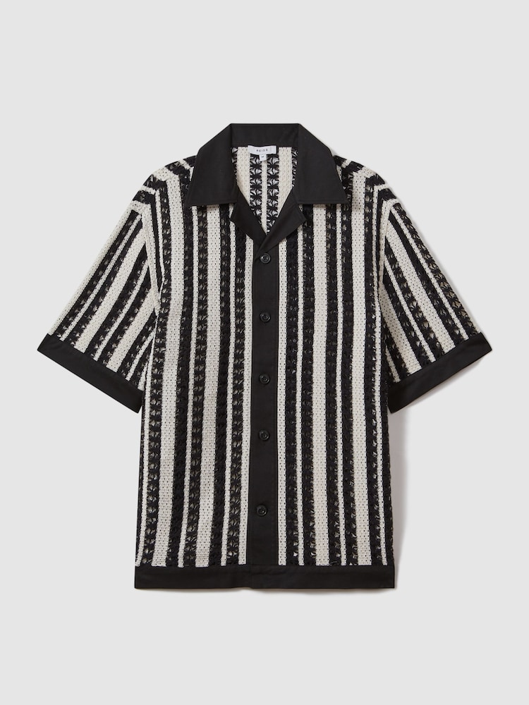 Reiss Black/Ecru Romy Crochet Cuban Collar Shirt - Image 2 of 5