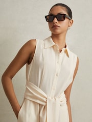 Reiss Cream Morgan Petite Viscose Blend Belted Shirt Dress - Image 4 of 6