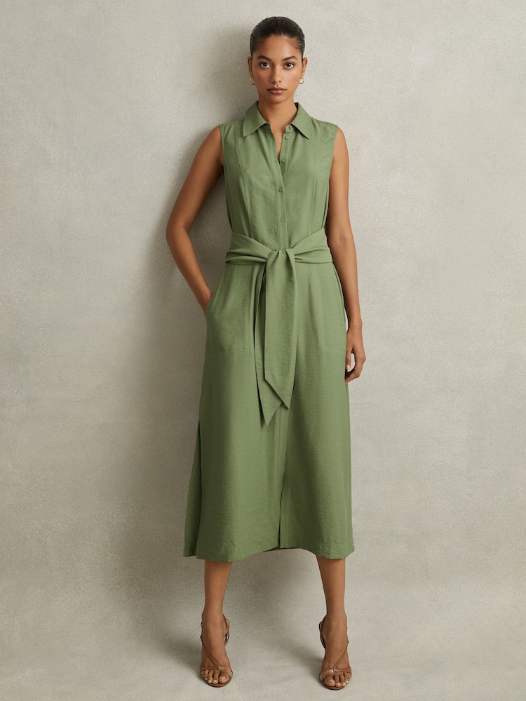 Reiss Green Morgan Viscose Blend Belted Shirt Dress - Image 1 of 6