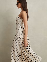 Reiss White/Black Rue Viscose Linen Polka Dot Ruched Maxi Dress - Image 1 of 7