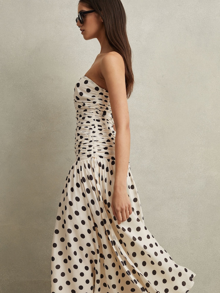 Reiss White/Black Rue Viscose Linen Polka Dot Ruched Maxi Dress - Image 1 of 7