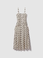 Reiss White/Black Rue Viscose Linen Polka Dot Ruched Maxi Dress - Image 2 of 7