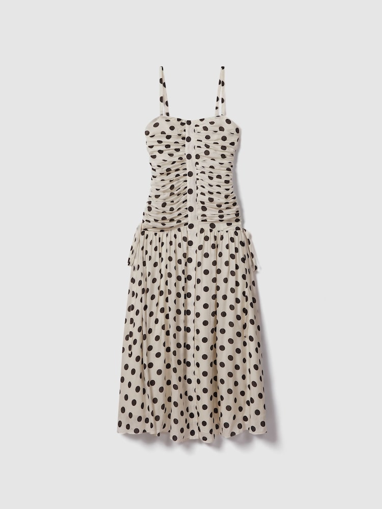 Reiss White/Black Rue Viscose Linen Polka Dot Ruched Maxi Dress - Image 2 of 7