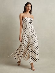 Reiss White/Black Rue Viscose Linen Polka Dot Ruched Maxi Dress - Image 4 of 7