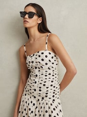 Reiss White/Black Rue Viscose Linen Polka Dot Ruched Maxi Dress - Image 5 of 7