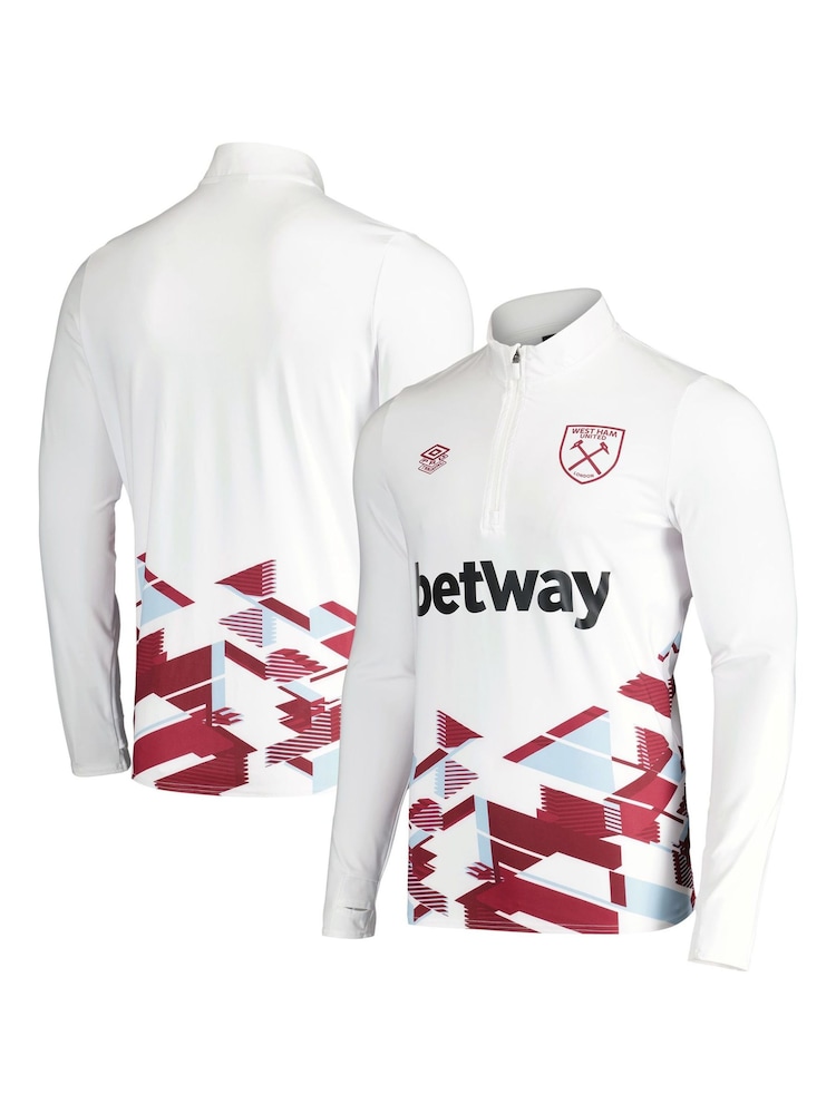 Fanatics West Ham United Umbro Away Warm Up Half Zip White Sweatshirt - Image 1 of 3 Fanatics West Ham United Umbro Away Warm Up Half Zip White Sweatshirt - Image 1 of 3