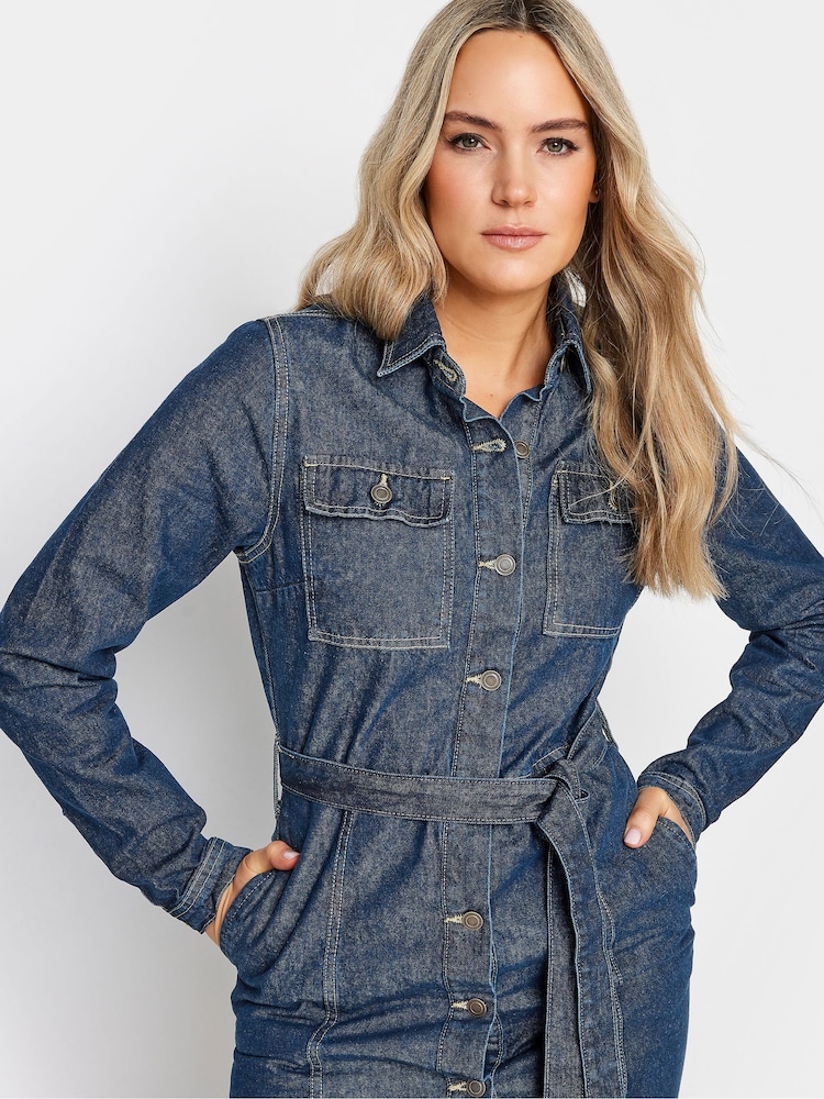 Long Tall Sally Blue 100% Cotton Tie Waist Denim Dress - Image 4 of 4
