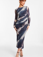 Quiz Blue Mottled Print Mesh Long Sleeve Midaxi Dress - Image 1 of 5
