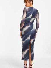 Quiz Blue Mottled Print Mesh Long Sleeve Midaxi Dress - Image 2 of 5