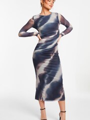 Quiz Blue Mottled Print Mesh Long Sleeve Midaxi Dress - Image 3 of 5