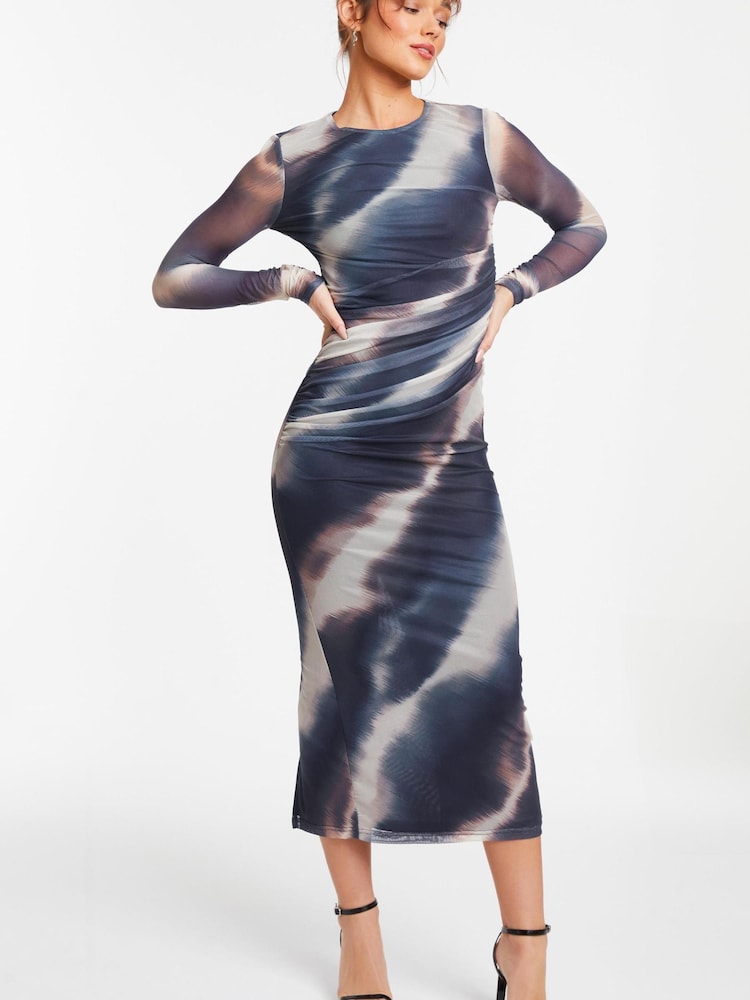 Quiz Blue Mottled Print Mesh Long Sleeve Midaxi Dress - Image 3 of 5