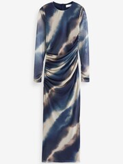 Quiz Blue Mottled Print Mesh Long Sleeve Midaxi Dress - Image 5 of 5