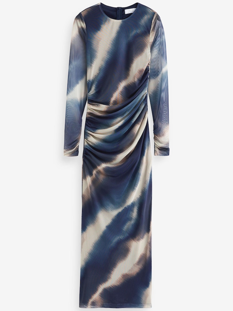 Quiz Blue Mottled Print Mesh Long Sleeve Midaxi Dress - Image 5 of 5