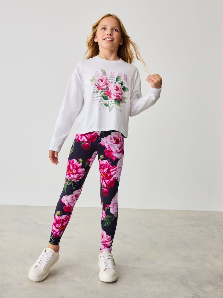 Baker by Ted Baker Navy 100% Cotton Floral Graphic T-Shirt And Legging Set - Image 1 of 8