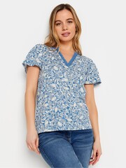 M&Co Blue Petite Floral Print Lace Trim Top - Image 1 of 1