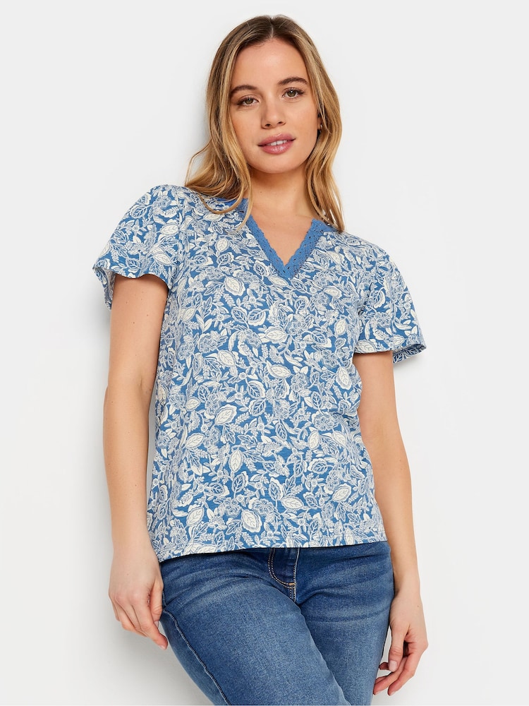 M&Co Blue Petite Floral Print Lace Trim Top - Image 1 of 1