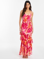 Quiz Pink Chiffon Smudge Print Cowl Front Maxi Dress - Image 1 of 4