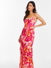 Quiz Pink Chiffon Smudge Print Cowl Front Maxi Dress - Image 3 of 4
