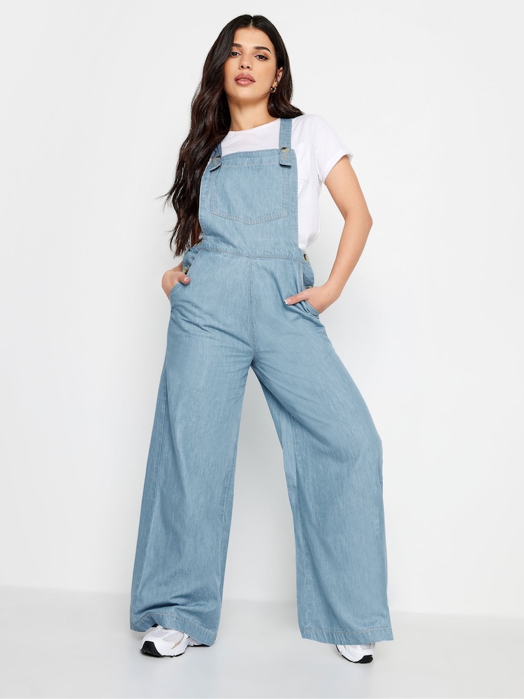 PixieGirl Petite Light Blue 100% Cotton Denim Wide Leg Dungarees - Image 1 of 4