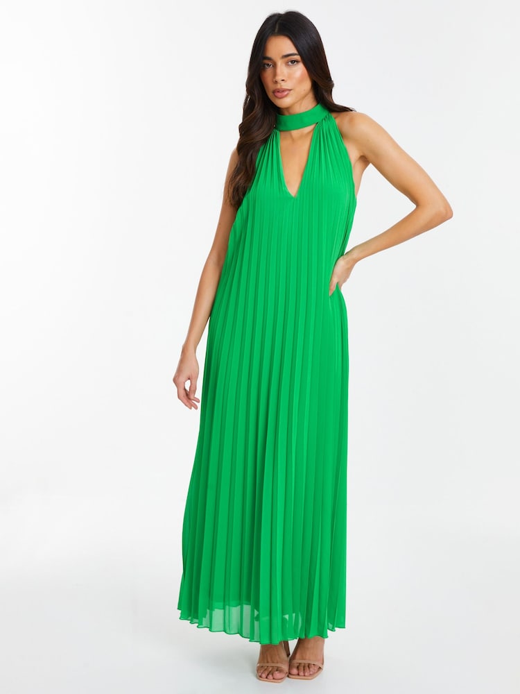 Quiz Green Pleated Chiffon Key Hole Neck Detail Midaxi Dress - Image 1 of 4