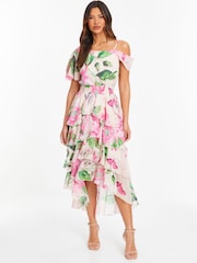 Quiz Natural Chiffon Cold Shoulder Tiered Dip Hem Dress - Image 1 of 4