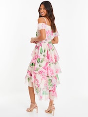 Quiz Natural Chiffon Cold Shoulder Tiered Dip Hem Dress - Image 2 of 4