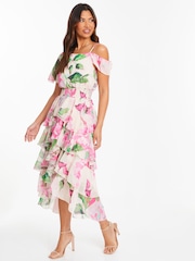 Quiz Natural Chiffon Cold Shoulder Tiered Dip Hem Dress - Image 3 of 4