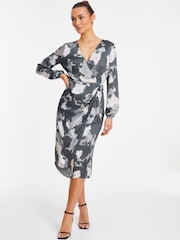 Quiz Grey Smudge Crepe Long Sleeve Midi Dress - Image 1 of 6