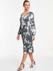 Quiz Grey Smudge Crepe Long Sleeve Midi Dress - Image 4 of 6