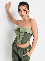 PixieGirl Petite Khaki Green 100% Cotton Colourblock Bandeau Corset Top - Image 1 of 4