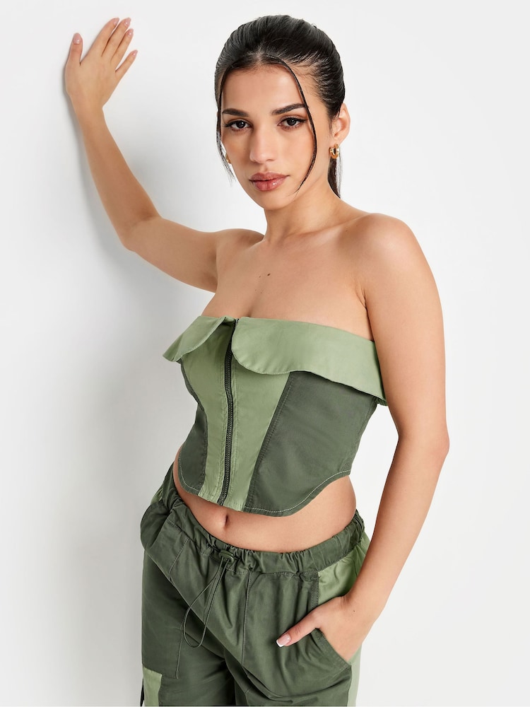 PixieGirl Petite Khaki Green 100% Cotton Colourblock Bandeau Corset Top - Image 1 of 4