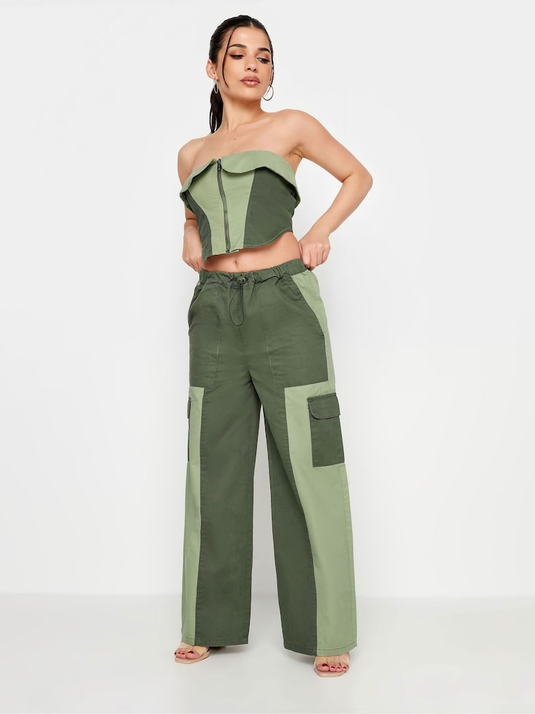 PixieGirl Petite Khaki Green 100% Cotton Colourblock Bandeau Corset Top - Image 2 of 4