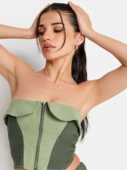 PixieGirl Petite Khaki Green 100% Cotton Colourblock Bandeau Corset Top - Image 4 of 4
