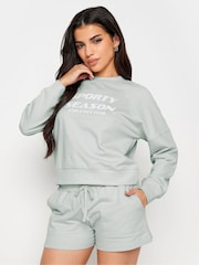 PixieGirl Petite Grey Sporty Season Slogan Cropped 100% Cotton Sweatshirt - Image 1 of 4