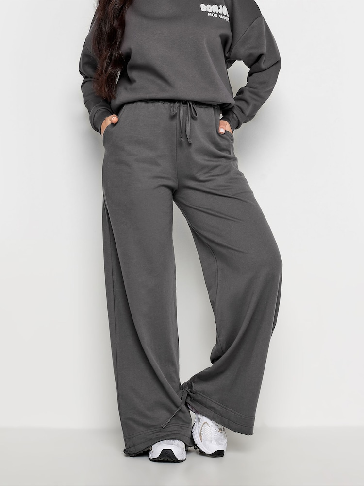 PixieGirl Petite Grey 100% Cotton Wide Leg Hem Detail Joggers - Image 2 of 4