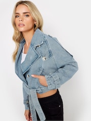 PixieGirl Petite Blue Denim Cropped Trench Jacket - Image 4 of 4
