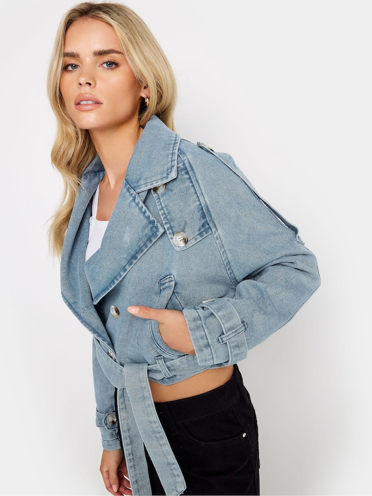 PixieGirl Petite Blue Denim Cropped Trench Jacket - Image 4 of 4