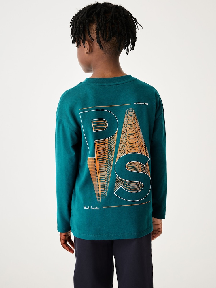 Paul Smith Junior Boys Oversized Teal Blue Long Sleeve Iconic Print T-Shirt - Image 2 of 8