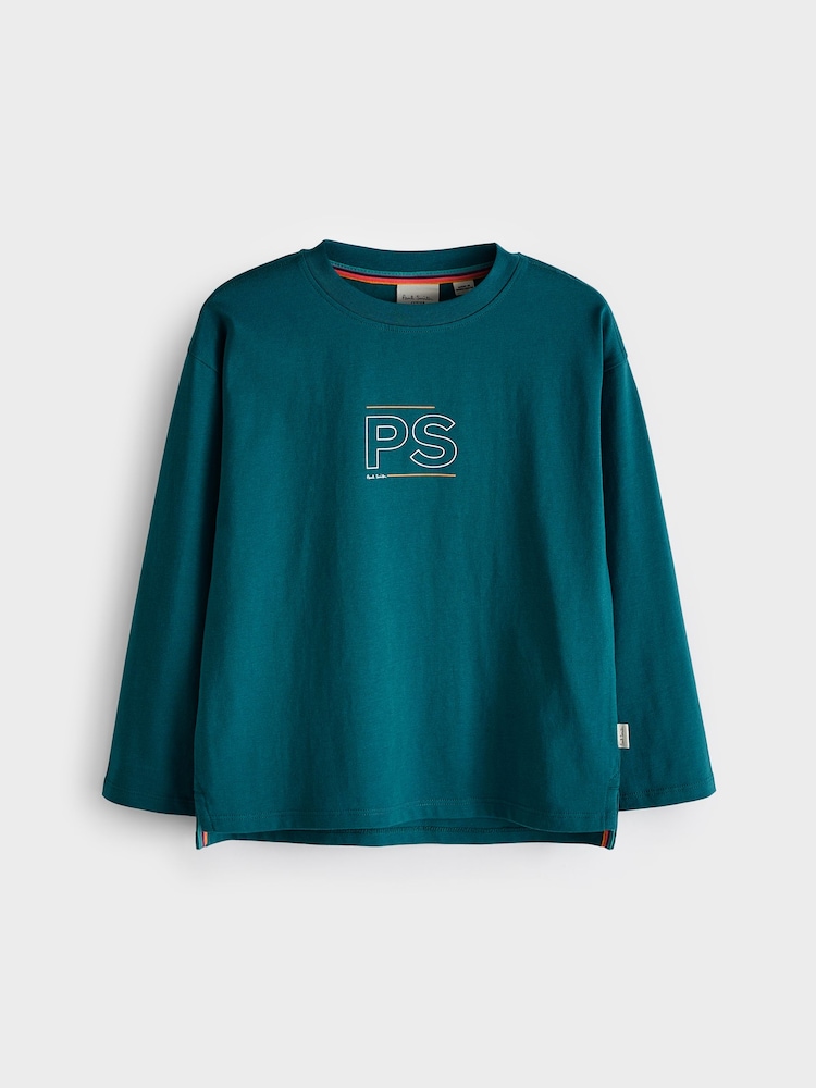 Paul Smith Junior Boys Oversized Teal Blue Long Sleeve Iconic Print T-Shirt - Image 4 of 8