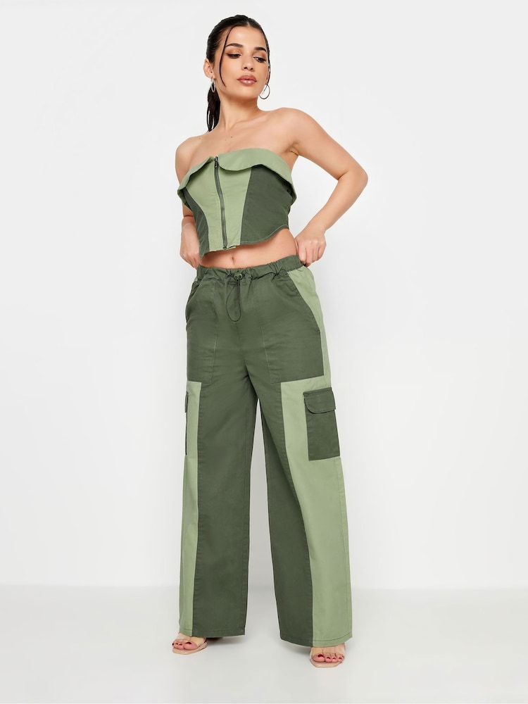 PixieGirl Petite Khaki Green Colourblock Cargo Trousers - Image 1 of 4