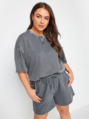 Yours Curve Grey 100% Cotton Limited Collection  Acid Wash Jogger Shorts - Image 1 of 5